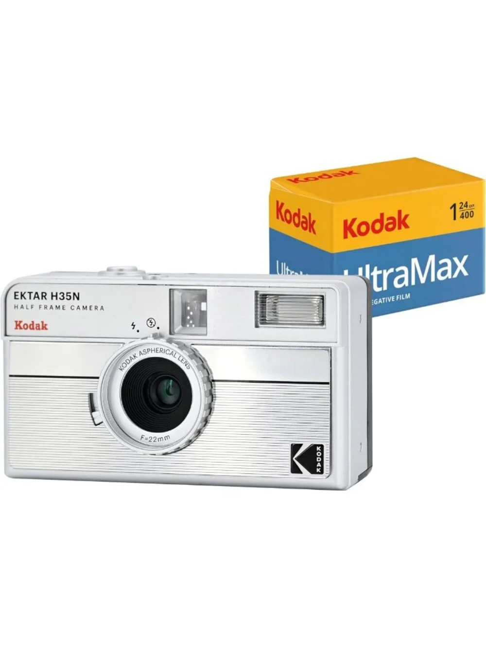 Half Frame Film Camera Bundle with 35mm Kodak Ultramax 400 Film - Striped Silver